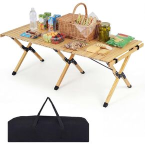 GYMAX 48 Inch Folding Camping Table, Roll-Up Pine Wood Picnic Table with Carry Bag, Portable Lightweight Low Beach Table for BBQ, Party, Backyard Camping in Saudi Arabia