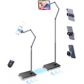 Rolling Tablet Floor Stand with Wheels, Adjustable Aluminum Arm & 360° Rotation, Magnetic Phone Holder with Remote, iPad Floor Stand for Bed, Compatible with 4.7-15.6" iPad, Phone, Kindle & Tablets in Saudi Arabia