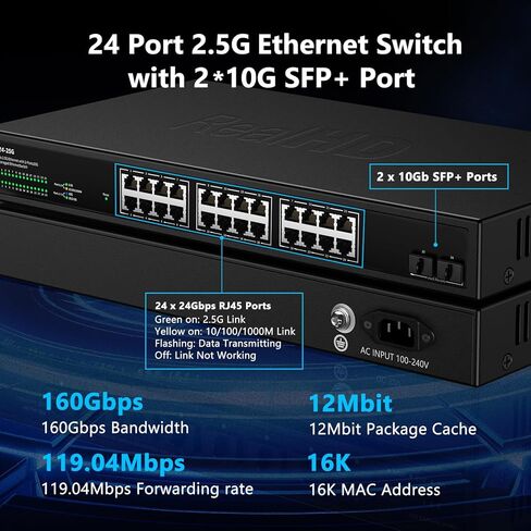 24 Port 2.5Gb Ethernet Network Switch 24 x 2.5 Gigabit Base-T Port | 2 x 10G SFP+ | Compatible with 10-100-1000Mbps | Fanless Metal Internet Switch | 19 Inch Rack Mount | 160G Bandwidth in Saudi Arabia