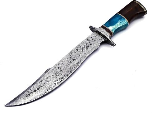 سكين باوي مصنوع يدويًا من الفولاذ الدمشقي مقاس 15 بوصة من نوراكي BK-41 - عظمة خشب ماريندي الصلبة ومقبض قرن الثور مع غمد جلدي بغرز يدوية (أزرق/بني) in Kuwait