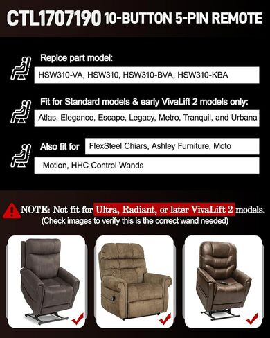 10 Button 5 Pin Lift Chair Remote Fit for Pride Standard & Early Version Vivalift 2 Lift Chair, Select Flexsteel Recliners & Ashley Furniture, CTL1707190 Flexsteel Recliner Parts 2-Year Replacement in Saudi Arabia