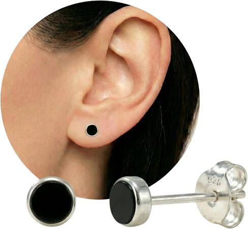 Sterling Silver Black Stud Earrings, 6mm Round Studs, Circle Stud Earrings, Silver Black Stone Earrings in Saudi Arabia