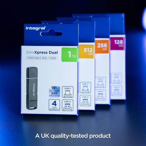محرك فلاش USSD سعة 128 جيجابايت SlimXpress ثنائي USB 3.2 Gen 2x1، منافذ مزدوجة من النوع C ونوع A، SSD محمول، قراءة ما يصل إلى 550 ميجابايت/ثانية وكتابة ما يصل إلى 500 ميجابايت/ثانية. تصميم معدني نحيف ومتين للتخزين أثناء التنقل in Kuwait