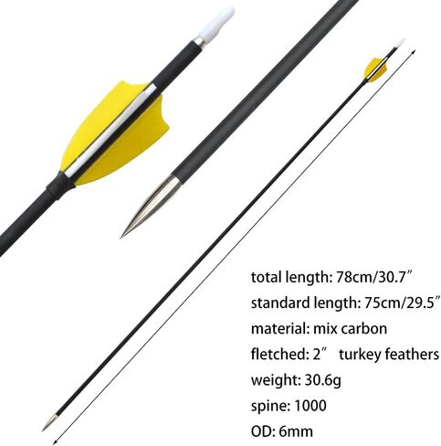 31Inch Archery Carbon Arrows Hunting Arrows Spine 1000 with 2" Turkey Feathers Shooting Tips for Compound Recurve Bow 12 Pieces (Black) (12 x Yellow Arrows) in Saudi Arabia