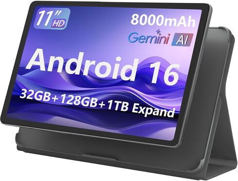 11-inch Android 16 Tablet, 32GB RAM + 128GB ROM (1TB Expand), T7280 Octa-Core 2.2GHz Processor, 90Hz FHD+ IPS Display, 8000mAh Battery, Gemini AI, Face ID, Dual Speakers, Fast Charging (Black) in Saudi Arabia