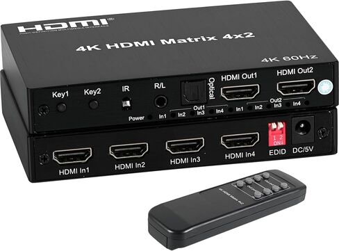 محول مصفوفة HDMI 4K 4x2 مع مستخرج صوت ستيريو 3.5 مم ومخرج صوت بصري، محول فيديو وموزع 4 في 2، يدعم HDMI 2.0 4K@60 هرتز in Kuwait