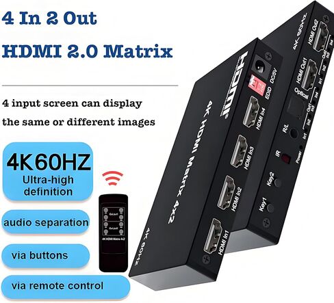 محول مصفوفة HDMI 4K 4x2 مع مستخرج صوت ستيريو 3.5 مم ومخرج صوت بصري، محول فيديو وموزع 4 في 2، يدعم HDMI 2.0 4K@60 هرتز in Kuwait