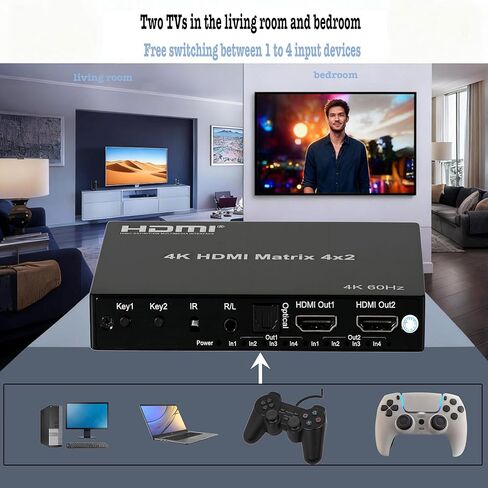 محول مصفوفة HDMI 4K 4x2 مع مستخرج صوت ستيريو 3.5 مم ومخرج صوت بصري، محول فيديو وموزع 4 في 2، يدعم HDMI 2.0 4K@60 هرتز in Kuwait