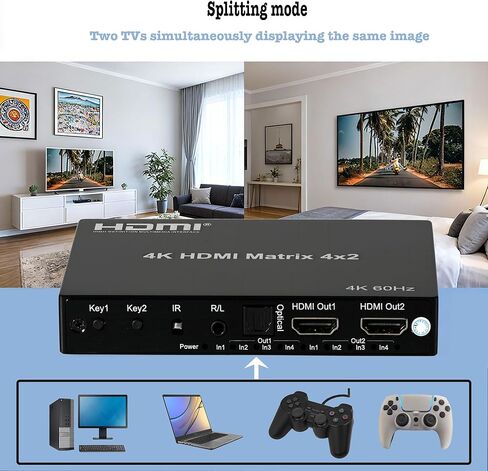 محول مصفوفة HDMI 4K 4x2 مع مستخرج صوت ستيريو 3.5 مم ومخرج صوت بصري، محول فيديو وموزع 4 في 2، يدعم HDMI 2.0 4K@60 هرتز in Kuwait