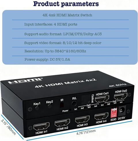 محول مصفوفة HDMI 4K 4x2 مع مستخرج صوت ستيريو 3.5 مم ومخرج صوت بصري، محول فيديو وموزع 4 في 2، يدعم HDMI 2.0 4K@60 هرتز in Kuwait