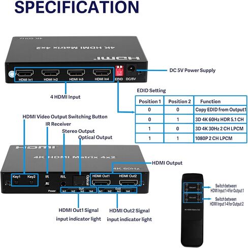 محول مصفوفة HDMI 4K 4x2 مع مستخرج صوت ستيريو 3.5 مم ومخرج صوت بصري، محول فيديو وموزع 4 في 2، يدعم HDMI 2.0 4K@60 هرتز in Kuwait