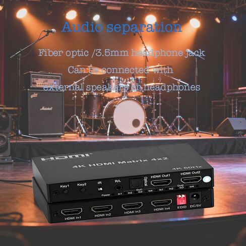 محول مصفوفة HDMI 4K 4x2 مع مستخرج صوت ستيريو 3.5 مم ومخرج صوت بصري، محول فيديو وموزع 4 في 2، يدعم HDMI 2.0 4K@60 هرتز in Kuwait
