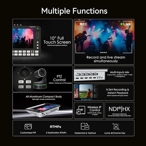 محول فيديو بشاشة تعمل باللمس مقاس 10.1 بوصة من Touch-S، وخلاط بث مباشر HDMI/SDI ذو 6 قنوات مع التحكم في كاميرا PTZ، ومراقبة متعددة العرض، والتقاط USB، ومزج الصوت وتسجيله in Kuwait