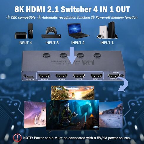 8K HDMI 2.1 Switch, 4 in 1 Out HDMI 2.1 Switcher Supports 8K@60Hz, 4K@240Hz, 1080P@480Hz, HDCP 2.3 CEC HDR 3D Dolby Atmos VRR Compatible with PS5 Xbox Blu-Ray Player etc in Saudi Arabia