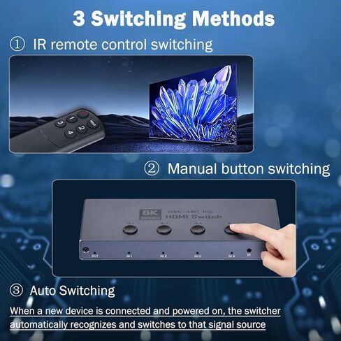 8K HDMI 2.1 Switch, 4 in 1 Out HDMI 2.1 Switcher Supports 8K@60Hz, 4K@240Hz, 1080P@480Hz, HDCP 2.3 CEC HDR 3D Dolby Atmos VRR Compatible with PS5 Xbox Blu-Ray Player etc in Saudi Arabia