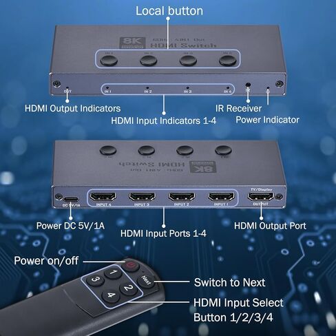 8K HDMI 2.1 Switch, 4 in 1 Out HDMI 2.1 Switcher Supports 8K@60Hz, 4K@240Hz, 1080P@480Hz, HDCP 2.3 CEC HDR 3D Dolby Atmos VRR Compatible with PS5 Xbox Blu-Ray Player etc in Saudi Arabia