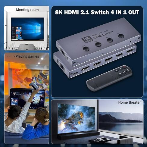 8K HDMI 2.1 Switch, 4 in 1 Out HDMI 2.1 Switcher Supports 8K@60Hz, 4K@240Hz, 1080P@480Hz, HDCP 2.3 CEC HDR 3D Dolby Atmos VRR Compatible with PS5 Xbox Blu-Ray Player etc in Saudi Arabia