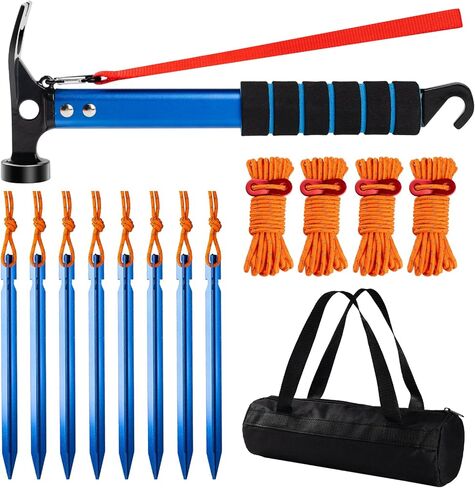 14 Pcs Tent Accessories Kit, 8 Pack Heavy Duty Tent Stakes with Camping Hammer, 4 Camping Ropes & Storage Bag, Durable Tent Stakes Set for Camping, Hiking & Backpacking in Saudi Arabia