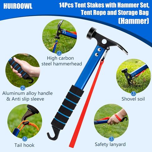 14 Pcs Tent Accessories Kit, 8 Pack Heavy Duty Tent Stakes with Camping Hammer, 4 Camping Ropes & Storage Bag, Durable Tent Stakes Set for Camping, Hiking & Backpacking in Saudi Arabia