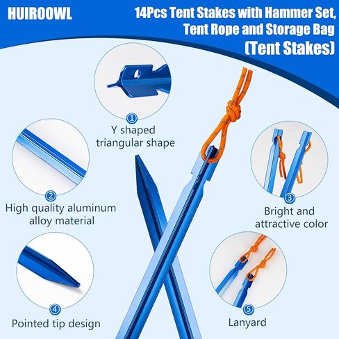 14 Pcs Tent Accessories Kit, 8 Pack Heavy Duty Tent Stakes with Camping Hammer, 4 Camping Ropes & Storage Bag, Durable Tent Stakes Set for Camping, Hiking & Backpacking in Saudi Arabia
