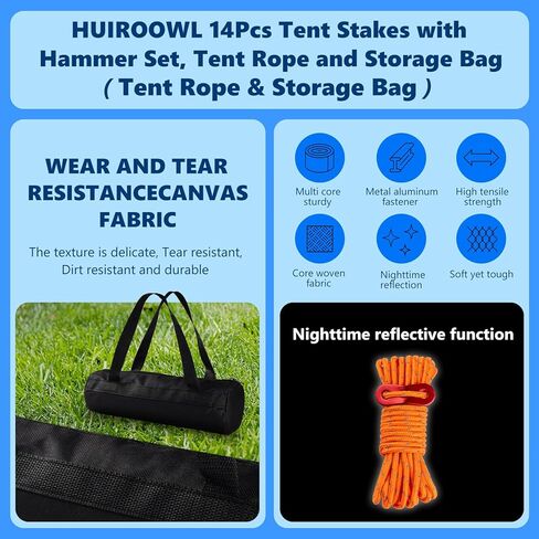 14 Pcs Tent Accessories Kit, 8 Pack Heavy Duty Tent Stakes with Camping Hammer, 4 Camping Ropes & Storage Bag, Durable Tent Stakes Set for Camping, Hiking & Backpacking in Saudi Arabia