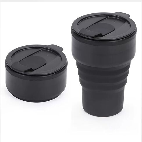 16oz Collapsible Travel Coffee Mug - Silicone Folding Cup for Hot & Cold Drinks, Leak-Proof Water Bottle for Camping, Hiking & Travel, Portable Black Reusable Mug in Saudi Arabia