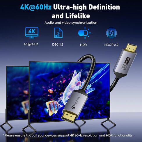 كابل منفذ DisplayPort إلى HDMI بطول 6 أقدام - 4K@60 هرتز/ 2K@120 هرتز، منفذ عرض أحادي الاتجاه 1.2 مصدر إلى شاشة HDMI 1.4، سلك DP إلى HDMI متوافق مع الكمبيوتر، NVIDIA، AMD، Dell، Lenovo، الشاشة in Kuwait