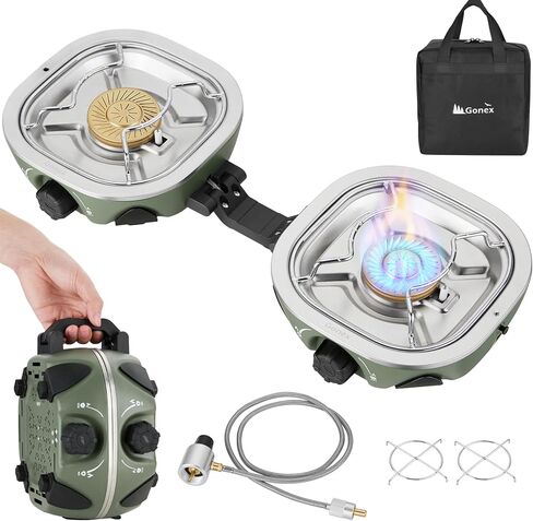 Gonex Propane Camping Stove, Portable Folding Camp Stove 20,000 BTUs AeroFlame 2 Burner with Precision Flame Control & Removable Pot Stands for Camping, Hiking, Patio, BBQ(Black) in Saudi Arabia