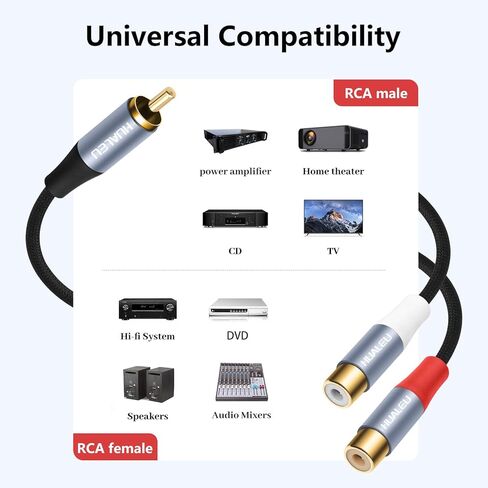 1ft Shielded RCA Splitter Subwoofer Stereo Audio Video Cable RCA 1 Male to 2 Female Y Adapter Connector Extension Cord 24k Gold Plated(2 Pack) in Saudi Arabia