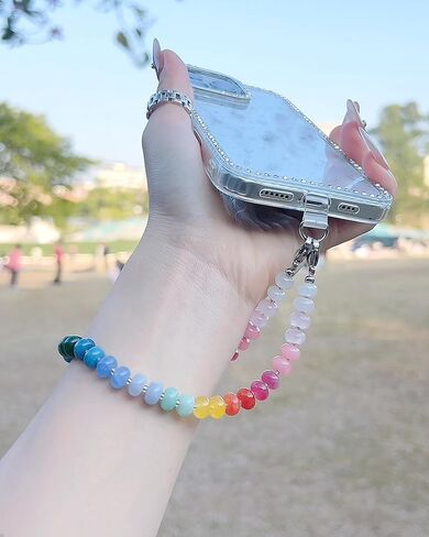 Rainbow Quartz Phone Charm Wrist Strap, Natural Stone Beaded Lanyard Wristlet Chain, Elegant Hands-Free Bracelet Strap for iPhone and More Phone Cases in Saudi Arabia