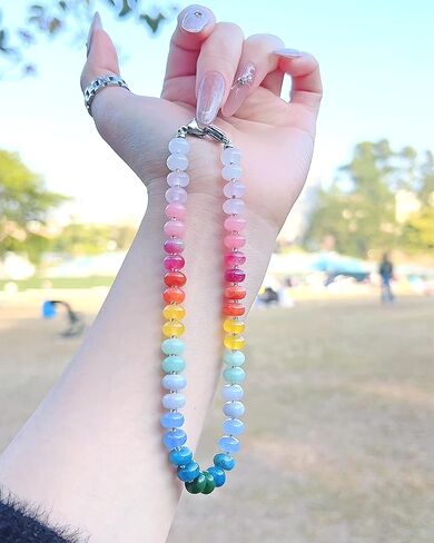 Rainbow Quartz Phone Charm Wrist Strap, Natural Stone Beaded Lanyard Wristlet Chain, Elegant Hands-Free Bracelet Strap for iPhone and More Phone Cases in Saudi Arabia