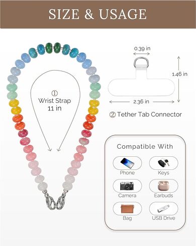 Rainbow Quartz Phone Charm Wrist Strap, Natural Stone Beaded Lanyard Wristlet Chain, Elegant Hands-Free Bracelet Strap for iPhone and More Phone Cases in Saudi Arabia
