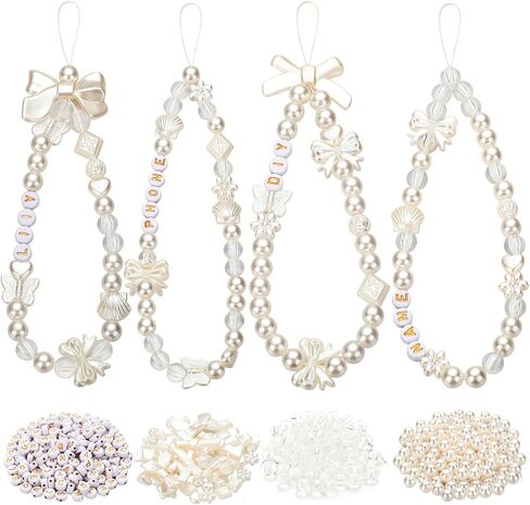 Fumete 505 Pcs 4 Sets DIY Phone Charm Making Kit Pearl Beaded Butterfly Bow Camera Charm Strap Letter Beads Pendants Pearl Phone Wrist Lanyard Bracelet Keychain for Women Camera Bag Decor Gifts in Saudi Arabia