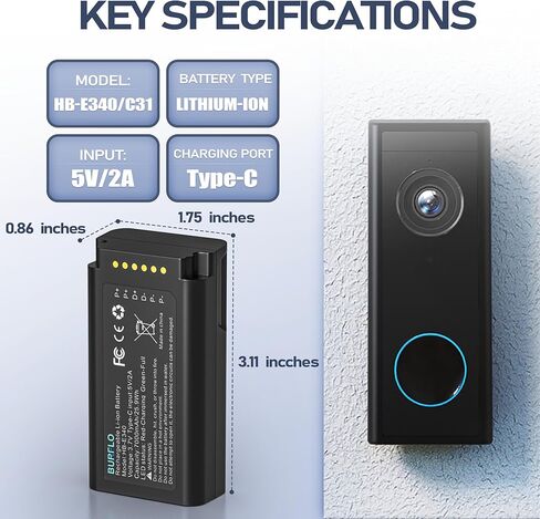 Burflo 2-Pack 7000mAh بطارية بديلة لجرس باب الفيديو eufy Security E340 & C31، متوافق مع T8214، T8743، T8223، HB-E340 in Kuwait