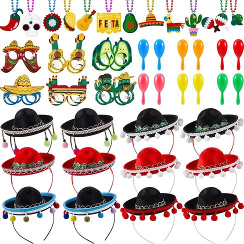 Jexine 48 Pcs Fiesta Decorations Including 12 Cinco De Mayo Fabric Straw Sombrero Headbands Sombrero Hats 12 Cinco De Mayo Necklaces 12 Fiesta Eyeglasses 12 Plastic Maracas for Fiesta in Kuwait