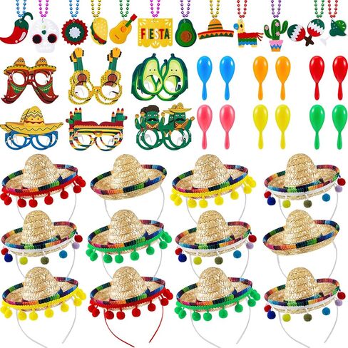 Jexine 48 Pcs Fiesta Decorations Including 12 Cinco De Mayo Fabric Straw Sombrero Headbands Sombrero Hats 12 Cinco De Mayo Necklaces 12 Fiesta Eyeglasses 12 Plastic Maracas for Fiesta in Kuwait