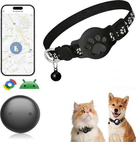 GPS Pet Tracker Collar for Cats & Small Dogs, Lightweight & Waterproof with Safety Buckle, Anti-Loss Tracking, Adjustable Reflective Collar with Bell (Android, Black, 19-26cm) in Kuwait