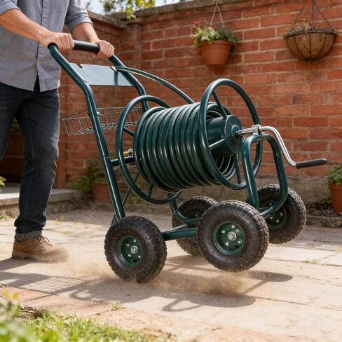 Portable Garden Hose Reel Cart, Heavy Duty Water Hose Holder with Storage Basket, Rust Resistant Rolling Hose Reel with Non-Slip Handle Grip, Versatile for LawnYard, Sidewalk & Landscaping (Green) in Saudi Arabia