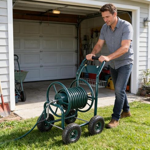 Portable Garden Hose Reel Cart, Heavy Duty Water Hose Holder with Storage Basket, Rust Resistant Rolling Hose Reel with Non-Slip Handle Grip, Versatile for LawnYard, Sidewalk & Landscaping (Green) in Saudi Arabia