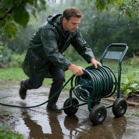 Portable Garden Hose Reel Cart, Heavy Duty Water Hose Holder with Storage Basket, Rust Resistant Rolling Hose Reel with Non-Slip Handle Grip, Versatile for LawnYard, Sidewalk & Landscaping (Green) in Saudi Arabia