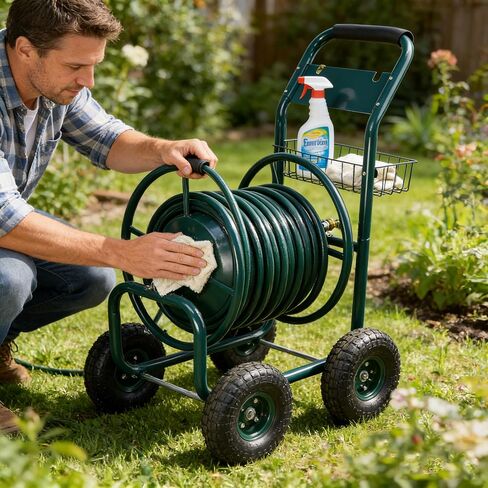 Portable Garden Hose Reel Cart, Heavy Duty Water Hose Holder with Storage Basket, Rust Resistant Rolling Hose Reel with Non-Slip Handle Grip, Versatile for LawnYard, Sidewalk & Landscaping (Green) in Saudi Arabia