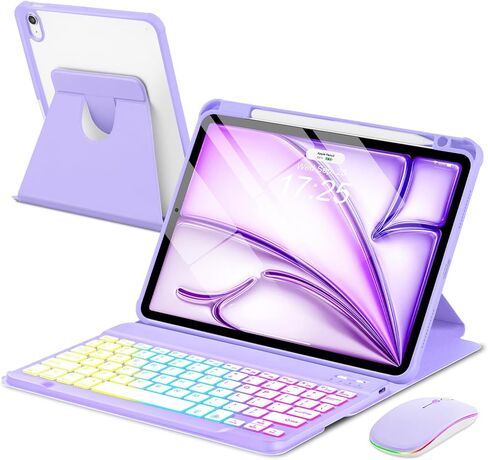 حافظة EAMPANG مع ماوس لوحة مفاتيح لجهاز iPad Air 11 بوصة M4 M3 M2/ Air 10.9 الجيل الخامس من الجيل الرابع، غطاء مغناطيسي قابل للفصل بإضاءة خلفية قوس قزح مع حامل قلم رصاص لجهاز iPad Air 4 5 6 Gen أرجواني in Kuwait