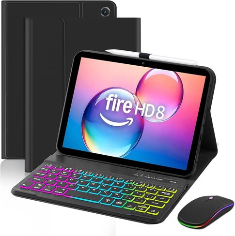 حافظة EAMPANG مع لوحة مفاتيح وماوس لجهاز Amazon Kindle Fire HD 8&8 Plus (2020&2022) 8 بوصة، 7 ألوان قوس قزح بإضاءة خلفية قابلة للفصل للوحة المفاتيح لجهاز HD 8 الجيل العاشر/الثاني عشر - أسود in Kuwait