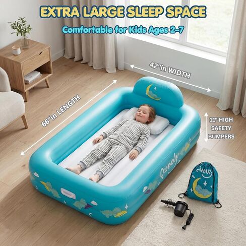 Inflatable Toddler Travel Bed with Electric Pump – Portable Toddler Bed & Toddler Air Mattress for Kids 2-7, Blow Up Bed for Camping, Travel & Sleepovers with Safety Bumpers in Saudi Arabia
