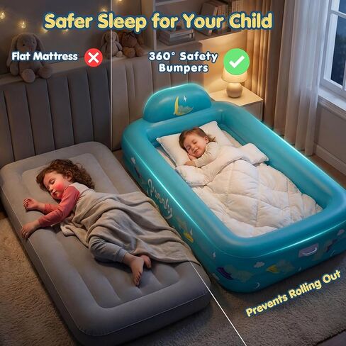 Inflatable Toddler Travel Bed with Electric Pump – Portable Toddler Bed & Toddler Air Mattress for Kids 2-7, Blow Up Bed for Camping, Travel & Sleepovers with Safety Bumpers in Saudi Arabia