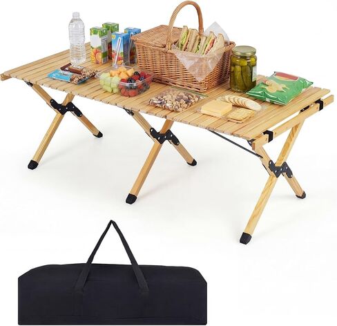 GYMAX 48 Inch Folding Camping Table, Roll-Up Pine Wood Picnic Table with Carry Bag, Portable Lightweight Low Beach Table for BBQ, Party, Backyard Camping in Saudi Arabia