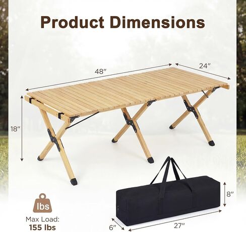 GYMAX 48 Inch Folding Camping Table, Roll-Up Pine Wood Picnic Table with Carry Bag, Portable Lightweight Low Beach Table for BBQ, Party, Backyard Camping in Saudi Arabia