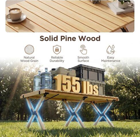 GYMAX 48 Inch Folding Camping Table, Roll-Up Pine Wood Picnic Table with Carry Bag, Portable Lightweight Low Beach Table for BBQ, Party, Backyard Camping in Saudi Arabia
