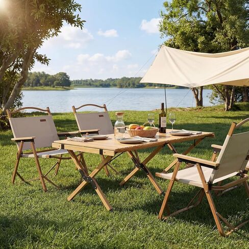 GYMAX 48 Inch Folding Camping Table, Roll-Up Pine Wood Picnic Table with Carry Bag, Portable Lightweight Low Beach Table for BBQ, Party, Backyard Camping in Saudi Arabia