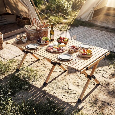 GYMAX 48 Inch Folding Camping Table, Roll-Up Pine Wood Picnic Table with Carry Bag, Portable Lightweight Low Beach Table for BBQ, Party, Backyard Camping in Saudi Arabia